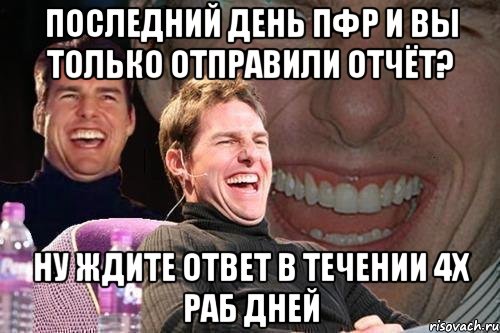 последний день пфр и вы только отправили отчёт? ну ждите ответ в течении 4х раб дней, Мем том круз