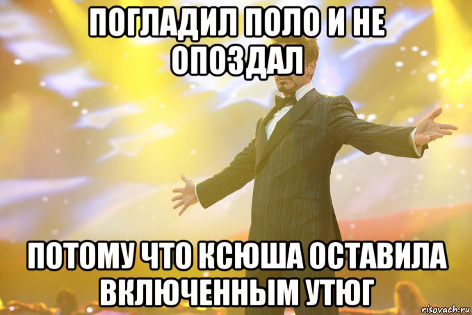 Погладил поло и не опоздал потому что ксюша оставила включенным утюг, Мем Тони Старк (Роберт Дауни младший)