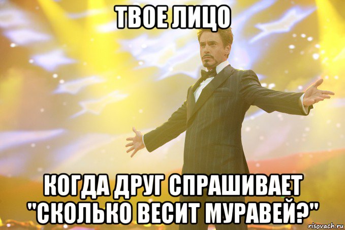 Твое лицо когда друг спрашивает "Сколько весит муравей?", Мем Тони Старк (Роберт Дауни младший)