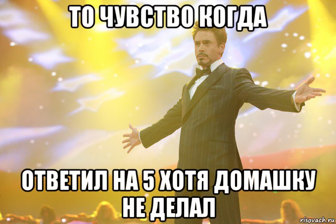 То чувство когда Ответил на 5 хотя домашку не делал, Мем Тони Старк (Роберт Дауни младший)