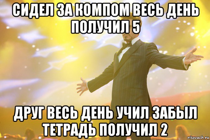 сидел за компом весь день получил 5 друг весь день учил забыл тетрадь получил 2, Мем Тони Старк (Роберт Дауни младший)