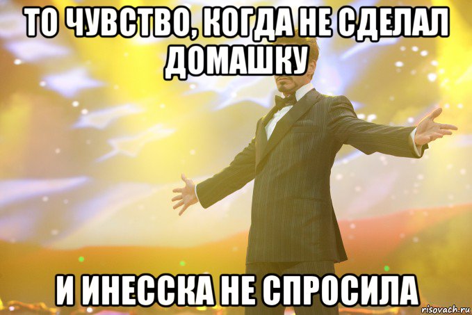 то чувство, когда не сделал домашку и инесска не спросила, Мем Тони Старк (Роберт Дауни младший)