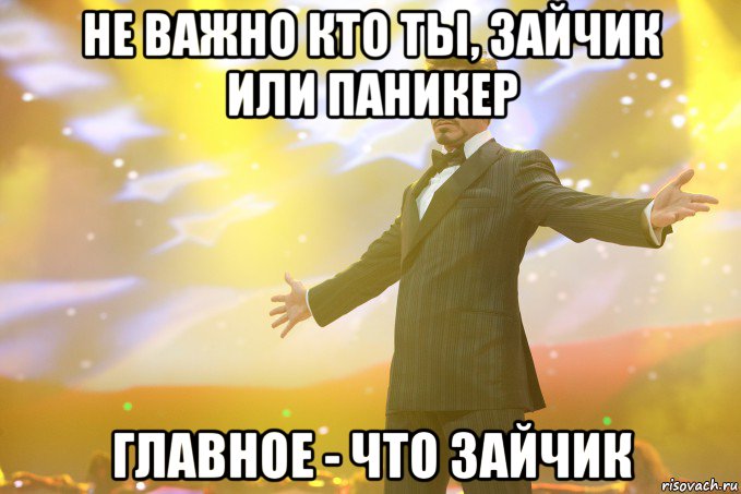 Не важно кто ты, зайчик или паникер Главное - что зайчик, Мем Тони Старк (Роберт Дауни младший)