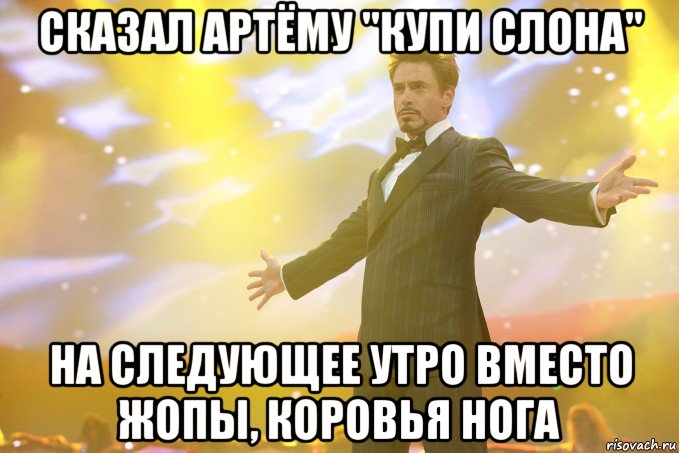 Сказал Артёму "купи слона" На следующее утро вместо жопы, коровья нога, Мем Тони Старк (Роберт Дауни младший)