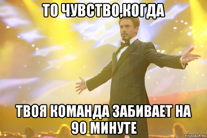 То чувство,когда Твоя команда забивает на 90 минуте, Мем Тони Старк (Роберт Дауни младший)