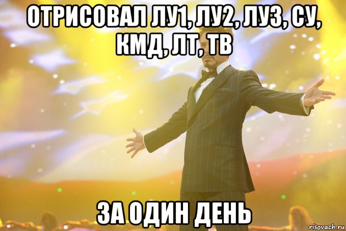 отрисовал ЛУ1, ЛУ2, ЛУ3, СУ, КМД, ЛТ, ТВ за один день, Мем Тони Старк (Роберт Дауни младший)