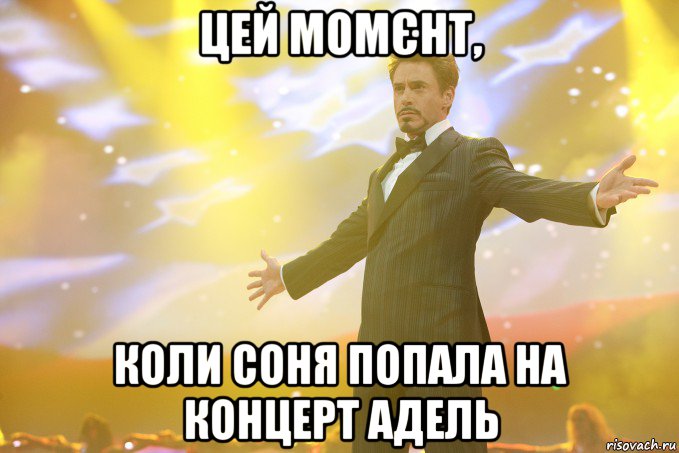 Цей момєнт, коли Соня попала на концерт Адель, Мем Тони Старк (Роберт Дауни младший)