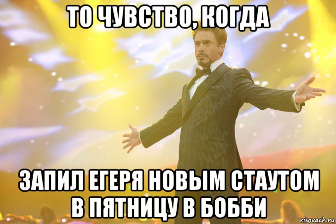 То чувство, когда Запил егеря новым стаутом в пятницу в Бобби, Мем Тони Старк (Роберт Дауни младший)