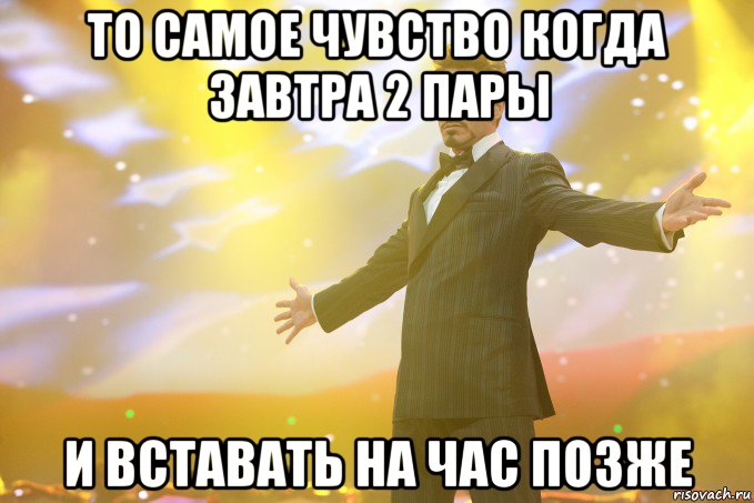 То самое чувство когда завтра 2 пары И вставать на час позже, Мем Тони Старк (Роберт Дауни младший)