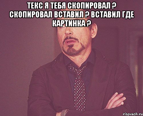 Текс я тебя скопировал ? скопировал вставил ? вставил где картинка ? , Мем твое выражение лица