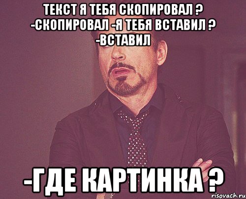 Текст я тебя скопировал ? -Скопировал -Я тебя вставил ? -Вставил -Где картинка ?, Мем твое выражение лица