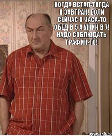 Когда встал-тогда и завтрак! Если сейчас 3 часа-то обед в 5 а ужин в 7! Надо соблюдать график-то!, Комикс Николай Петрович Воронин