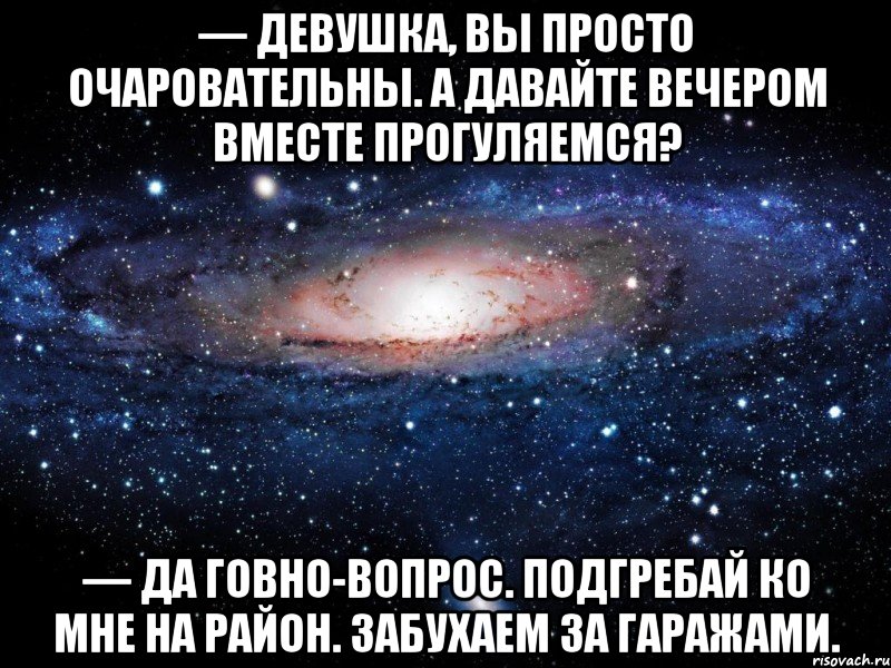 — Девушка, вы просто очаровательны. А давайте вечером вместе прогуляемся? — Да говно-вопрос. Подгребай ко мне на район. Забухаем за гаражами., Мем Вселенная