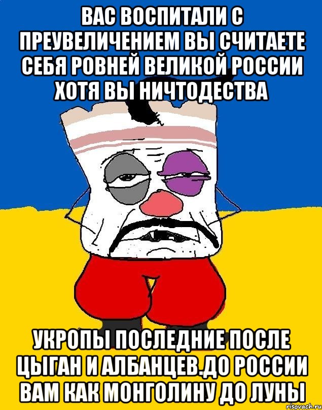 Вас воспитали с преувеличением вы считаете себя ровней великой россии хотя вы ничтодества Укропы последние после цыган и албанцев.до россии вам как монголину до луны, Мем Западенец - тухлое сало