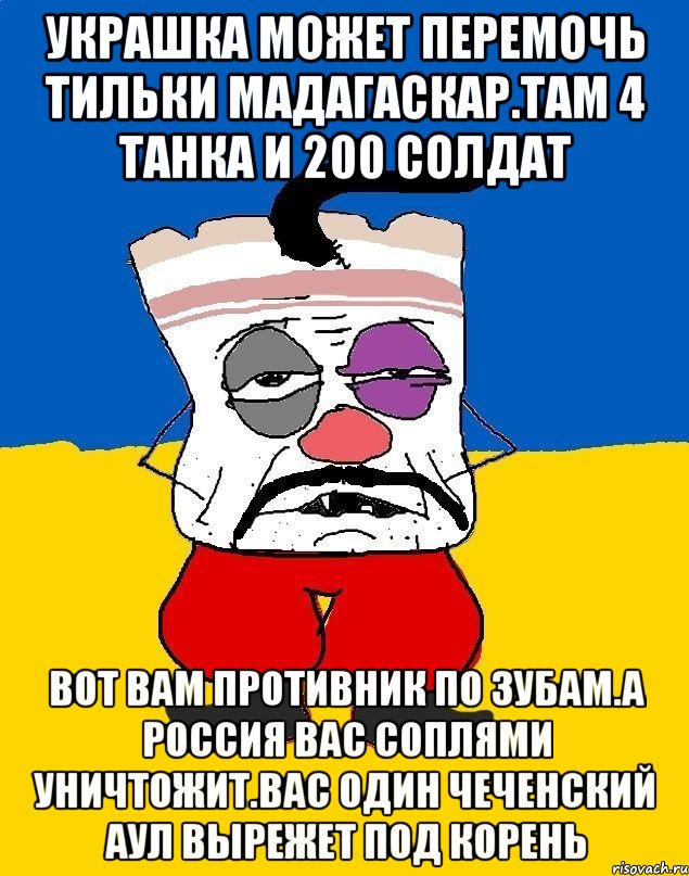 Украшка может перемочь тильки мадагаскар.там 4 танка и 200 солдат Вот вам противник по зубам.а россия вас соплями уничтожит.вас один чеченский аул вырежет под корень, Мем Западенец - тухлое сало