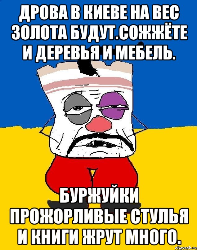 Дрова в киеве на вес золота будут.сожжёте и деревья и мебель. Буржуйки прожорливые стулья и книги жрут много., Мем Западенец - тухлое сало