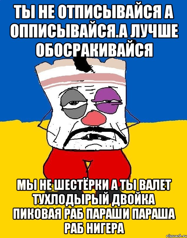 Ты не отписывайся а опписывайся.а лучше обосракивайся Мы не шестёрки а ты валет тухлодырый двойка пиковая раб параши параша раб нигера, Мем Западенец - тухлое сало