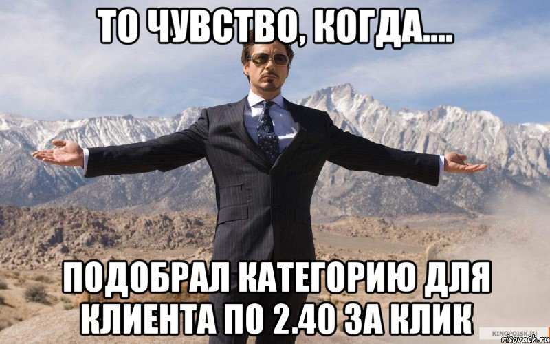 то чувство, когда.... Подобрал категорию для клиента по 2.40 за клик, Мем железный человек