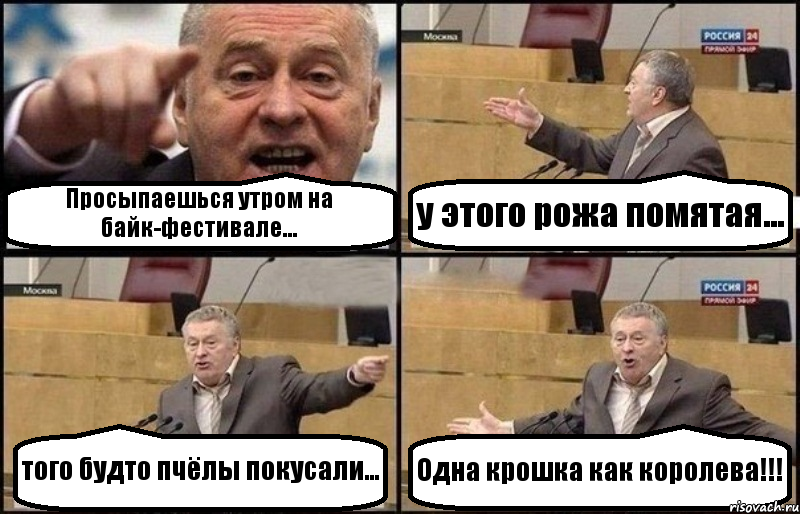 Просыпаешься утром на байк-фестивале... у этого рожа помятая... того будто пчёлы покусали... Одна крошка как королева!!!, Комикс Жириновский