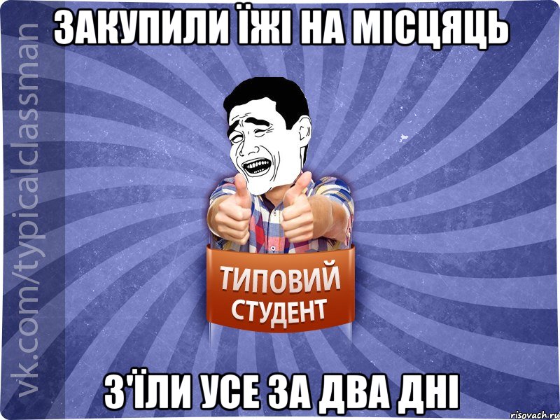 Закупили їжі на місцяць з'їли усе за два дні, Мем Типовий студент