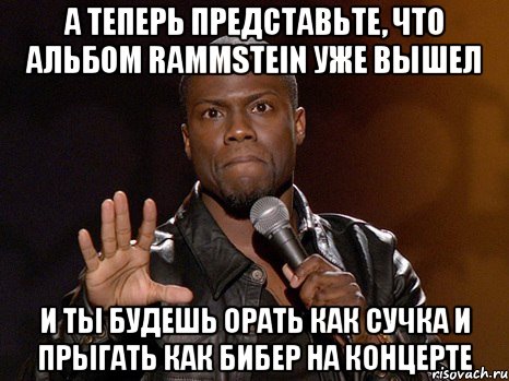 А теперь представьте, что альбом Rammstein уже вышел и ты будешь орать как сучка и прыгать как Бибер на концерте, Мем  А теперь представь