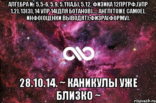 Алгебра № 5.5-6, 5.9, 5.11(a,б), 5.12. Физика 12пргрф,(упр 1,2), 13(3), 14 упр 14(для БОТАНОВ).... Англ(тоже самое), Инфо(оценки выводят);Физра(форму). 28.10.14. ~ каникулы уже близко ~, Мем офигенно