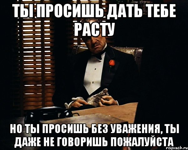 ТЫ ПРОСИШЬ ДАТЬ ТЕБЕ РАСТУ НО ТЫ ПРОСИШЬ БЕЗ УВАЖЕНИЯ, ТЫ ДАЖЕ НЕ ГОВОРИШЬ ПОЖАЛУЙСТА, Мем Дон Вито Корлеоне