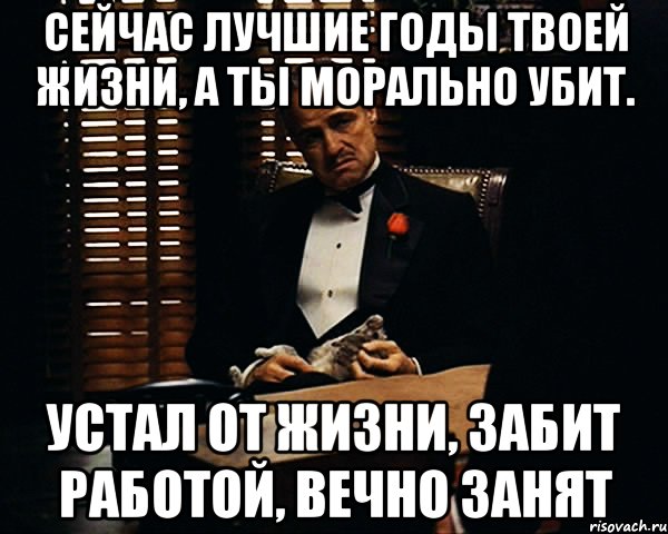 Сейчас лучшие годы твоей жизни, а ты морально убит. Устал от жизни, забит работой, вечно занят, Мем Дон Вито Корлеоне