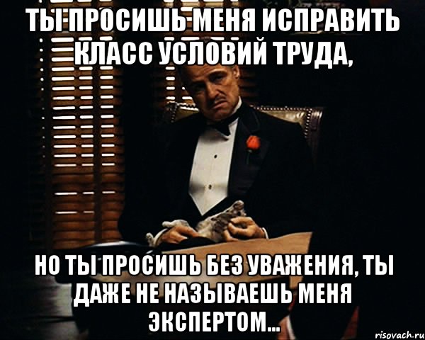 Ты просишь меня исправить класс условий труда, но ты просишь без уважения, ты даже не называешь меня экспертом..., Мем Дон Вито Корлеоне