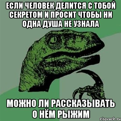 ЕСЛИ ЧЕЛОВЕК ДЕЛИТСЯ С ТОБОЙ СЕКРЕТОМ И ПРОСИТ ЧТОБЫ НИ ОДНА ДУША НЕ УЗНАЛА МОЖНО ЛИ РАССКАЗЫВАТЬ О НЁМ РЫЖИМ, Мем Филосораптор