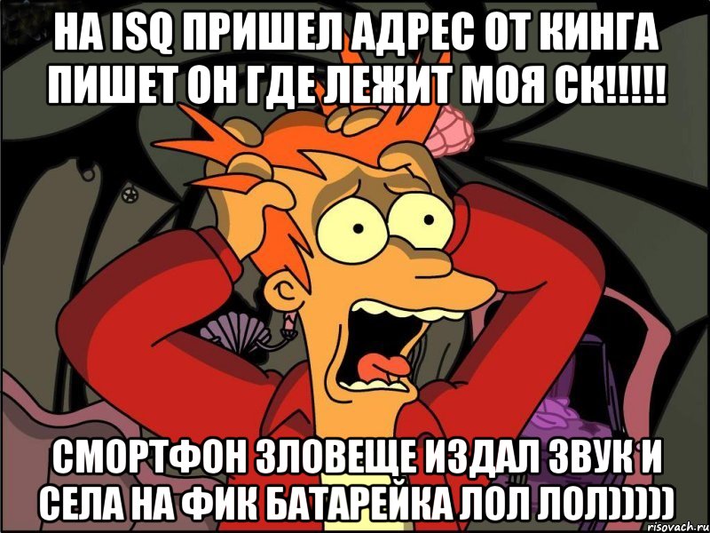 НА ISQ ПРИШЕЛ АДРЕС ОТ КИНГА ПИШЕТ ОН ГДЕ ЛЕЖИТ МОЯ СК!!!!! СМОРТФОН ЗЛОВЕЩЕ ИЗДАЛ ЗВУК И СЕЛА НА ФИК БАТАРЕЙКА ЛОЛ ЛОЛ))))), Мем Фрай в панике