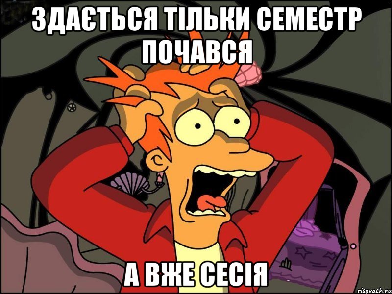 здається тільки семестр почався а вже СЕСІЯ, Мем Фрай в панике