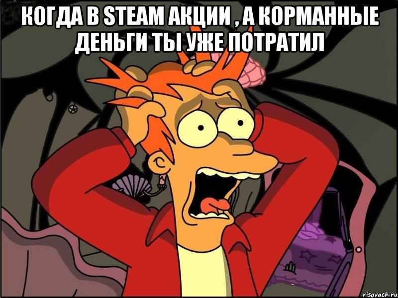 Когда в steam акции , а корманные деньги ты уже потратил , Мем Фрай в панике