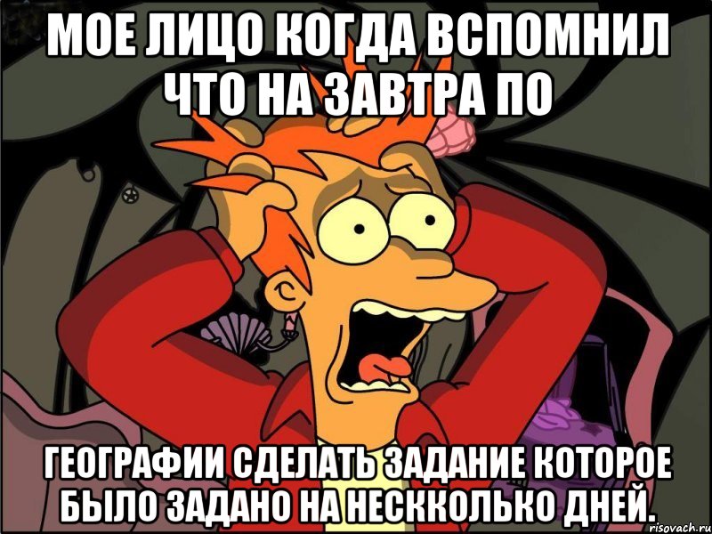 Мое лицо когда вспомнил что на завтра по географии сделать задание которое было задано на нескколько дней., Мем Фрай в панике