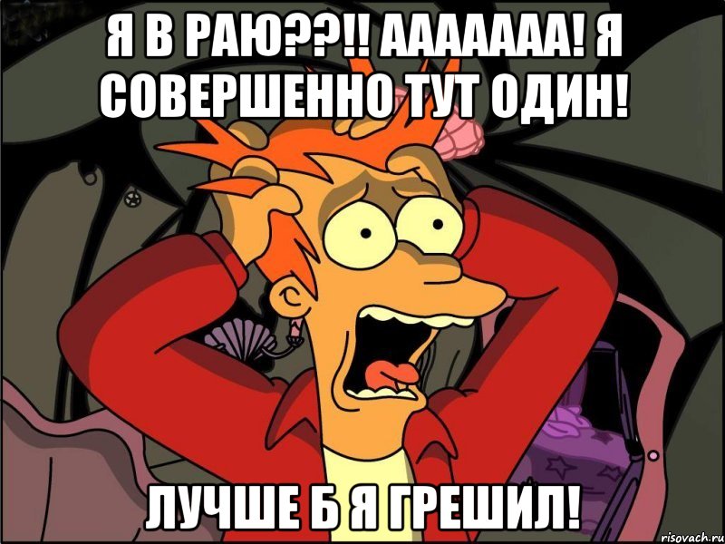 Я в РАЮ??!! Ааааааа! Я совершенно тут один! Лучше б я грешил!, Мем Фрай в панике