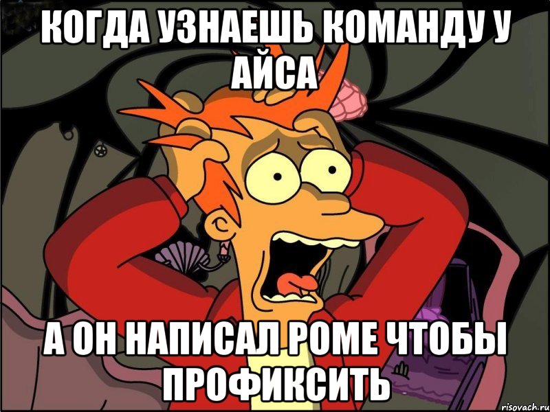 когда узнаешь команду у айса А он написал роме чтобы профиксить, Мем Фрай в панике