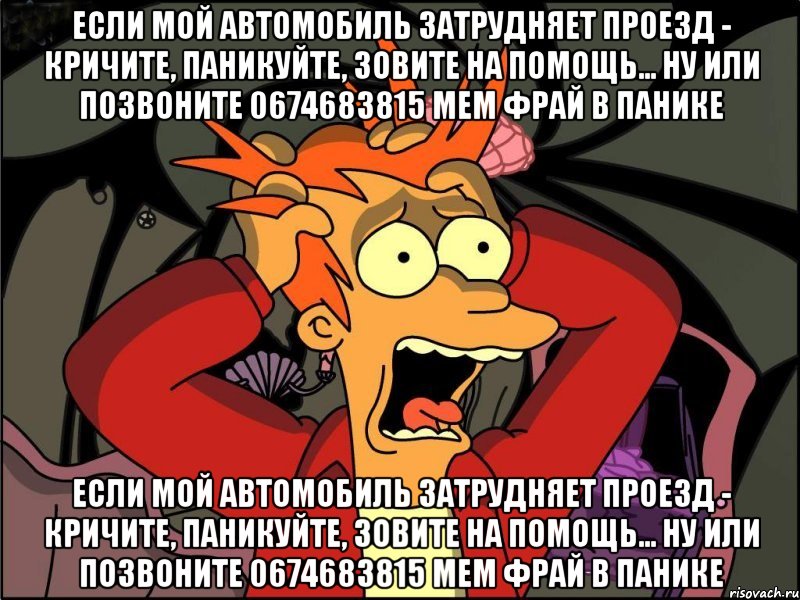 Если мой автомобиль затрудняет проезд - кричите, паникуйте, зовите на помощь... ну или позвоните 0674683815 Мем Фрай в панике Если мой автомобиль затрудняет проезд - кричите, паникуйте, зовите на помощь... ну или позвоните 0674683815 Мем Фрай в панике, Мем Фрай в панике