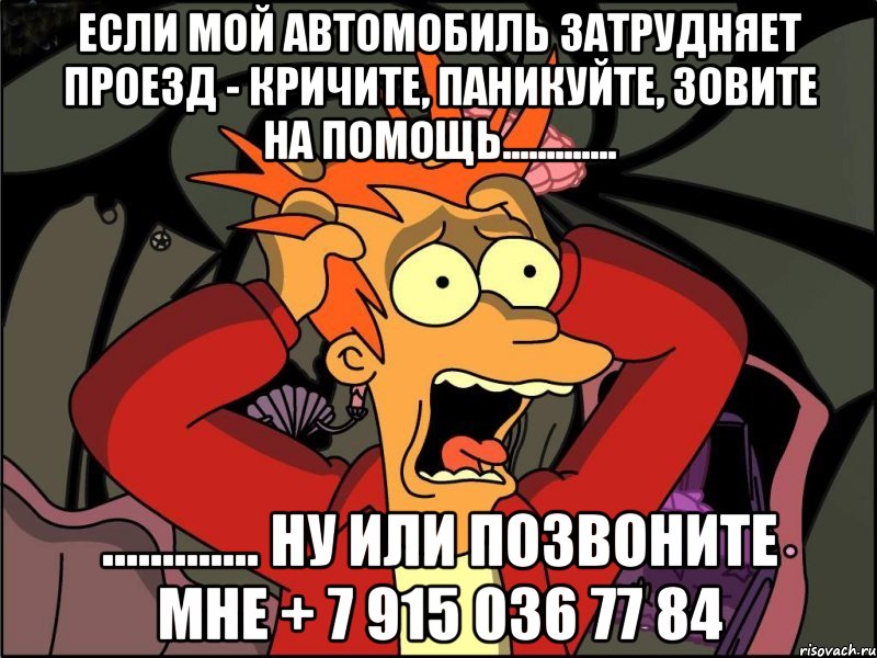 Если мой автомобиль затрудняет проезд - кричите, паникуйте, зовите на помощь............. ............. ну или позвоните мне + 7 915 036 77 84, Мем Фрай в панике