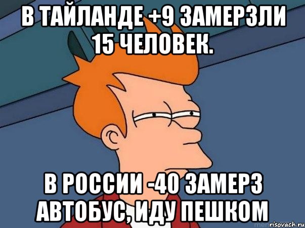 в тайланде +9 замерзли 15 человек. в России -40 замерз автобус, иду пешком, Мем  Фрай (мне кажется или)