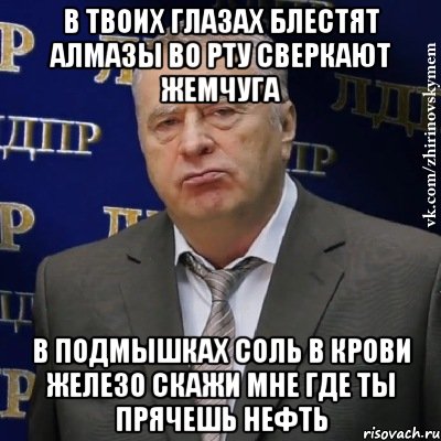 в твоих глазах блестят алмазы во рту сверкают жемчуга в подмышках соль в крови железо скажи мне где ты прячешь нефть, Мем Хватит это терпеть (Жириновский)