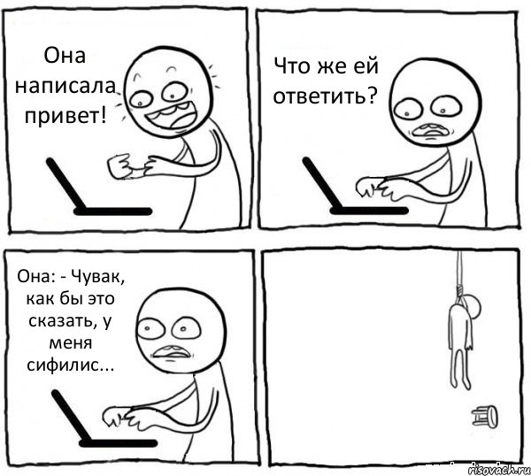 Она написала привет! Что же ей ответить? Она: - Чувак, как бы это сказать, у меня сифилис... , Комикс интернет убивает