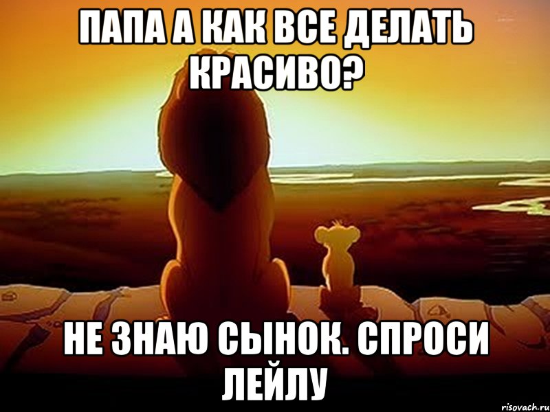 Папа а как все делать красиво? Не знаю сынок. Спроси Лейлу, Мем  король лев