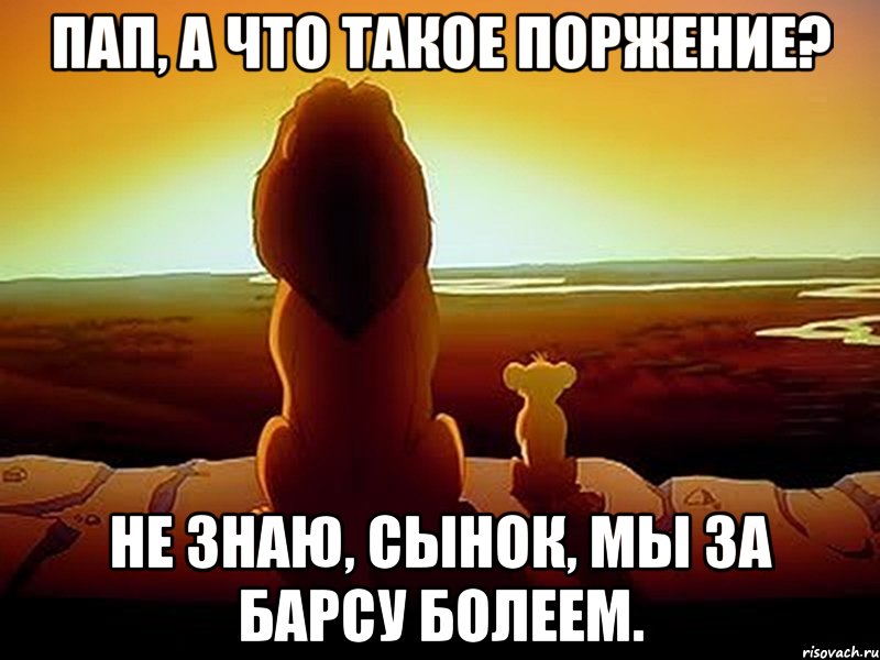 Пап, а что такое поржение? Не знаю, сынок, мы за барсу болеем., Мем  король лев