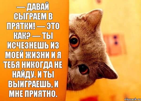 — Давай сыграем в прятки! — Это как? — Ты исчезнешь из моей жизни и я тебя никогда не найду. И ты выиграешь, и мне приятно.