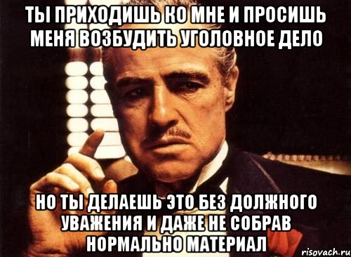 ты приходишь ко мне и просишь меня возбудить уголовное дело но ты делаешь это без должного уважения и даже не собрав нормально материал, Мем крестный отец