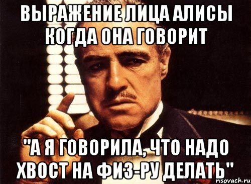 Выражение лица Алисы когда она говорит "А я говорила, что надо хвост на физ-ру делать", Мем крестный отец