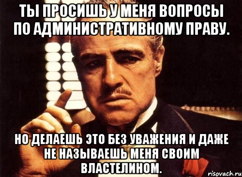 Ты просишь у меня вопросы по административному праву. Но делаешь это без уважения и даже не называешь меня своим властелином., Мем крестный отец