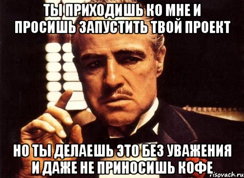 ты приходишь ко мне и просишь запустить твой проект но ты делаешь это без уважения и даже не приносишь кофе, Мем крестный отец