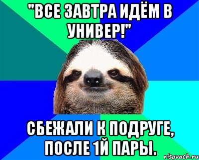 "Все завтра идём в универ!" Сбежали к подруге, после 1й пары., Мем Ленивец