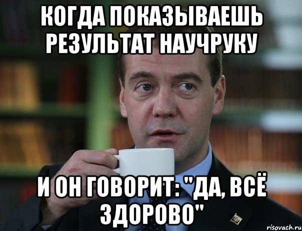 когда показываешь результат научруку и он говорит: "Да, всё здорово", Мем Медведев спок бро
